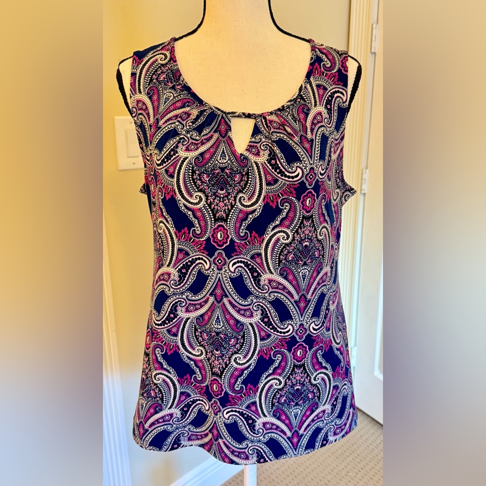 Ann Taylor Navy and Fuchsia Paisley Blouse, Sz MP, new w/o tag